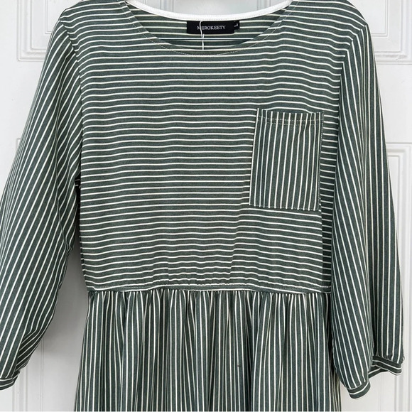 Merokeety Olive Green Striped T-Shirt Dress Women’s L Large Soft Stretchy Casual - Picture 4 of 9